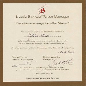 Certificat de massage bien-être de niveau 1 pour Héloise Minéo.